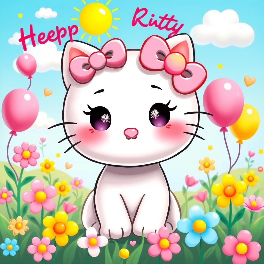 A whimsical depiction of a classic cartoon character inspired by Hello Kitty, characterized by a cute white cat with a distinctive pink bow on its head