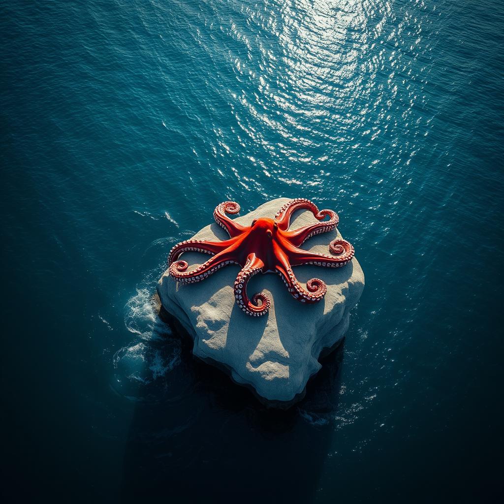An aerial view of a stunning red gigantic octopus resting on a colossal rock in the center of the vast ocean, surrounded by endless blue waters