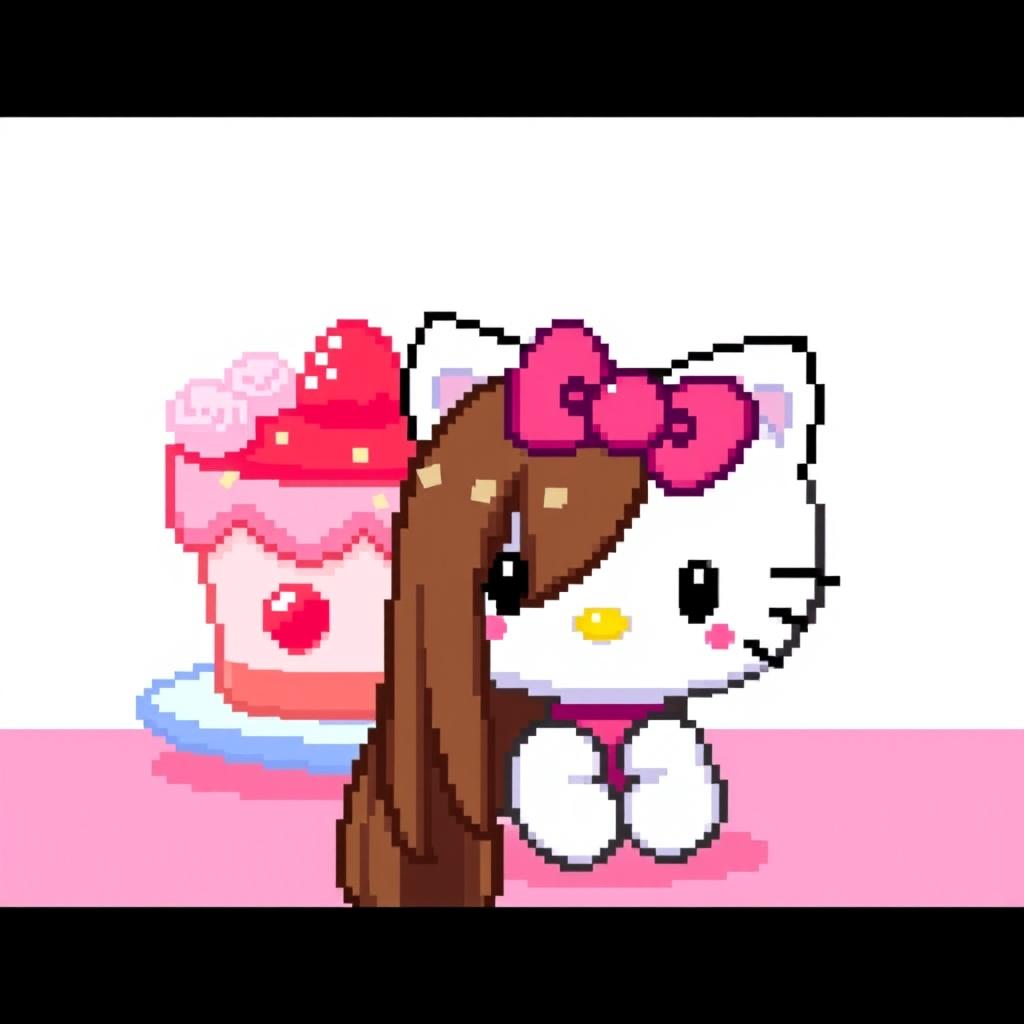 A pixel art version of a character inspired by Hello Kitty, featuring a cute white cat with a signature pink bow