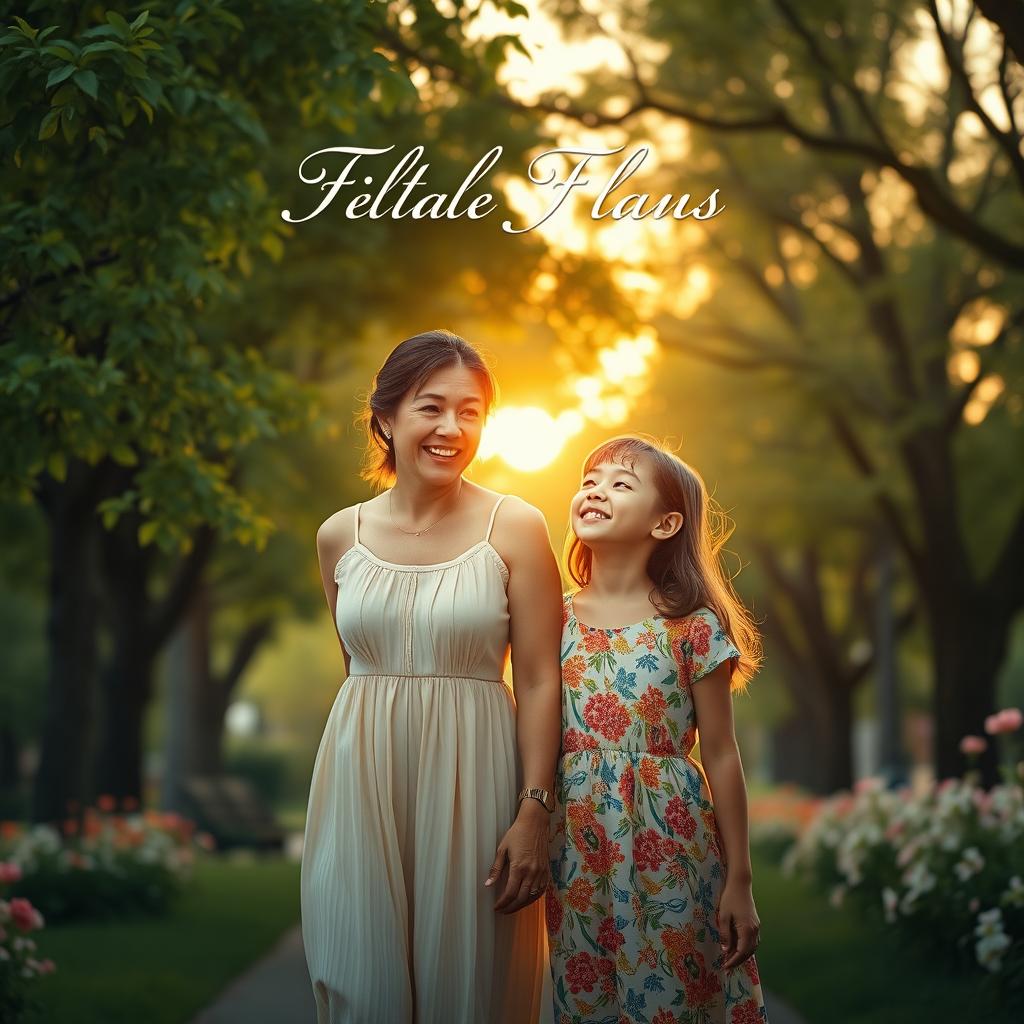 A touching film poster featuring a mother and her 11-year-old daughter walking together in a tranquil park during the late afternoon