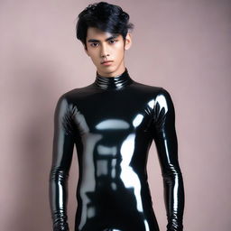 A 20-year-old Indonesian man with a slim face, large head, black hair, sharp nose, medium eyebrows, curled eyelashes, large eyes, without a mustache, dressed in a tight-fitting latex catsuit.