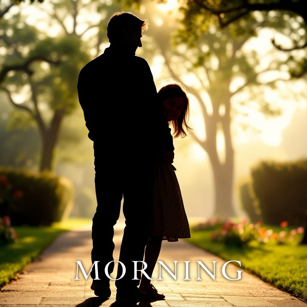 A film poster featuring the silhouette of a father and his 11-year-old daughter walking together in a park during the morning