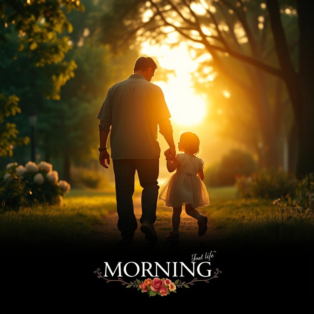 A film poster featuring the silhouette of a father and his 11-year-old daughter walking together in a serene park during the early morning