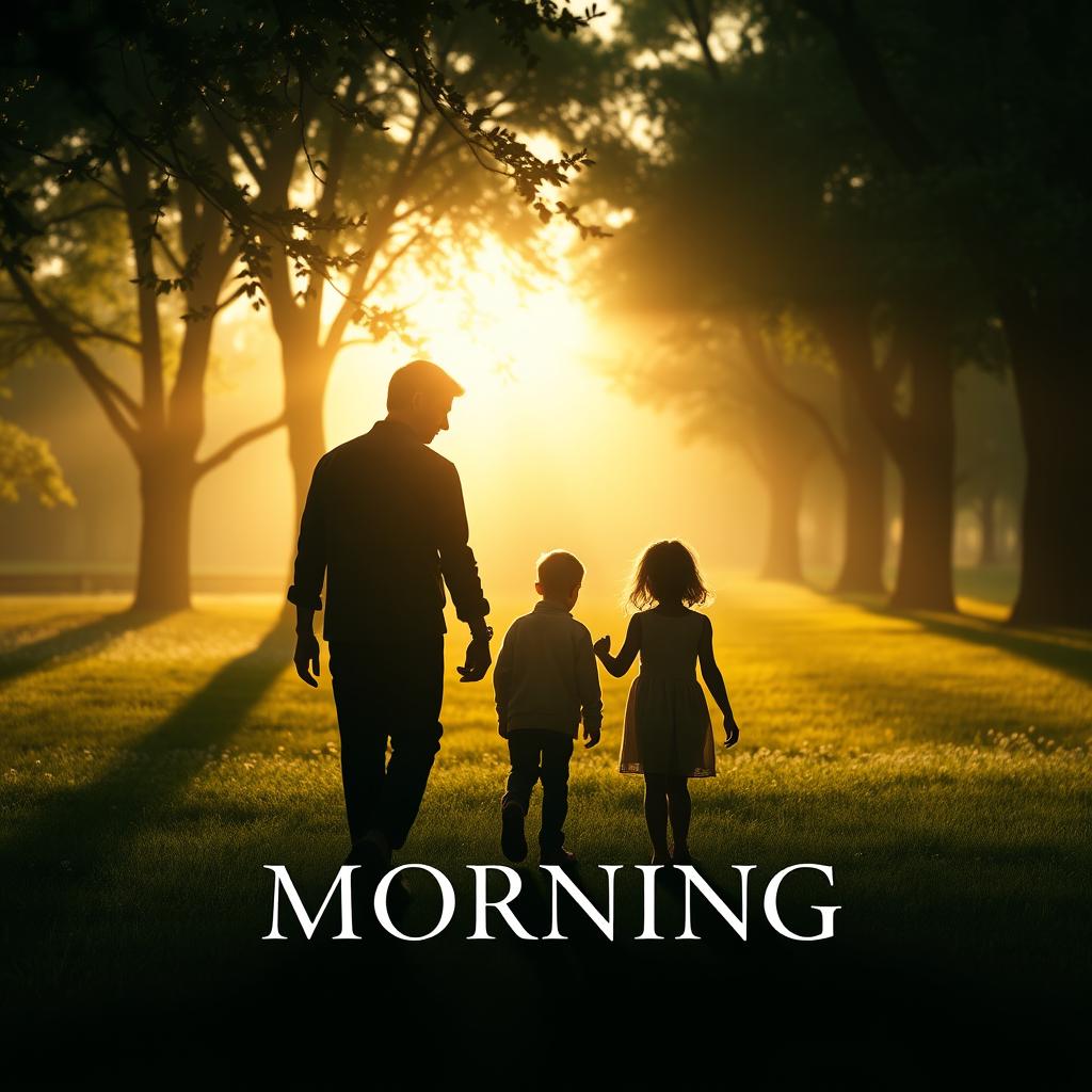 A film poster featuring a silhouette of a father and his 11-year-old daughter walking together in a park during the morning