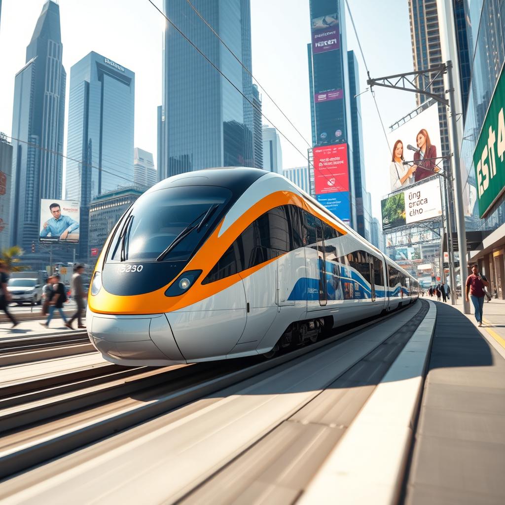 A sleek, high-speed train designed with modern technology in a futuristic urban landscape