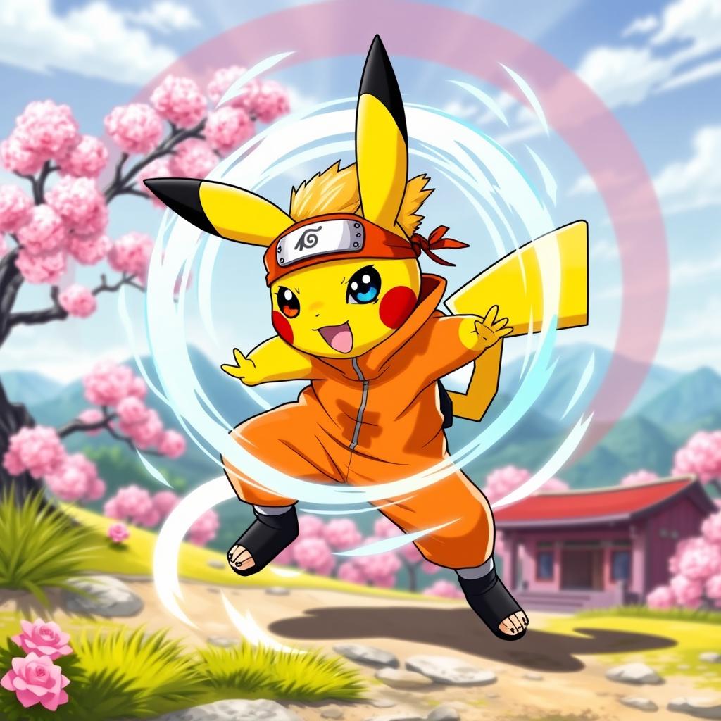 A vibrant and dynamic character that combines elements of Pikachu and Naruto, featuring Pikachu's iconic yellow fur and large ears, alongside Naruto's orange jumpsuit and ninja headband