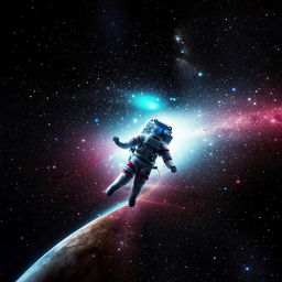 An image showcasing an astronaut floating in the depths of a neon-filled galaxy, reflecting galaxies and planets in his reflective visor.