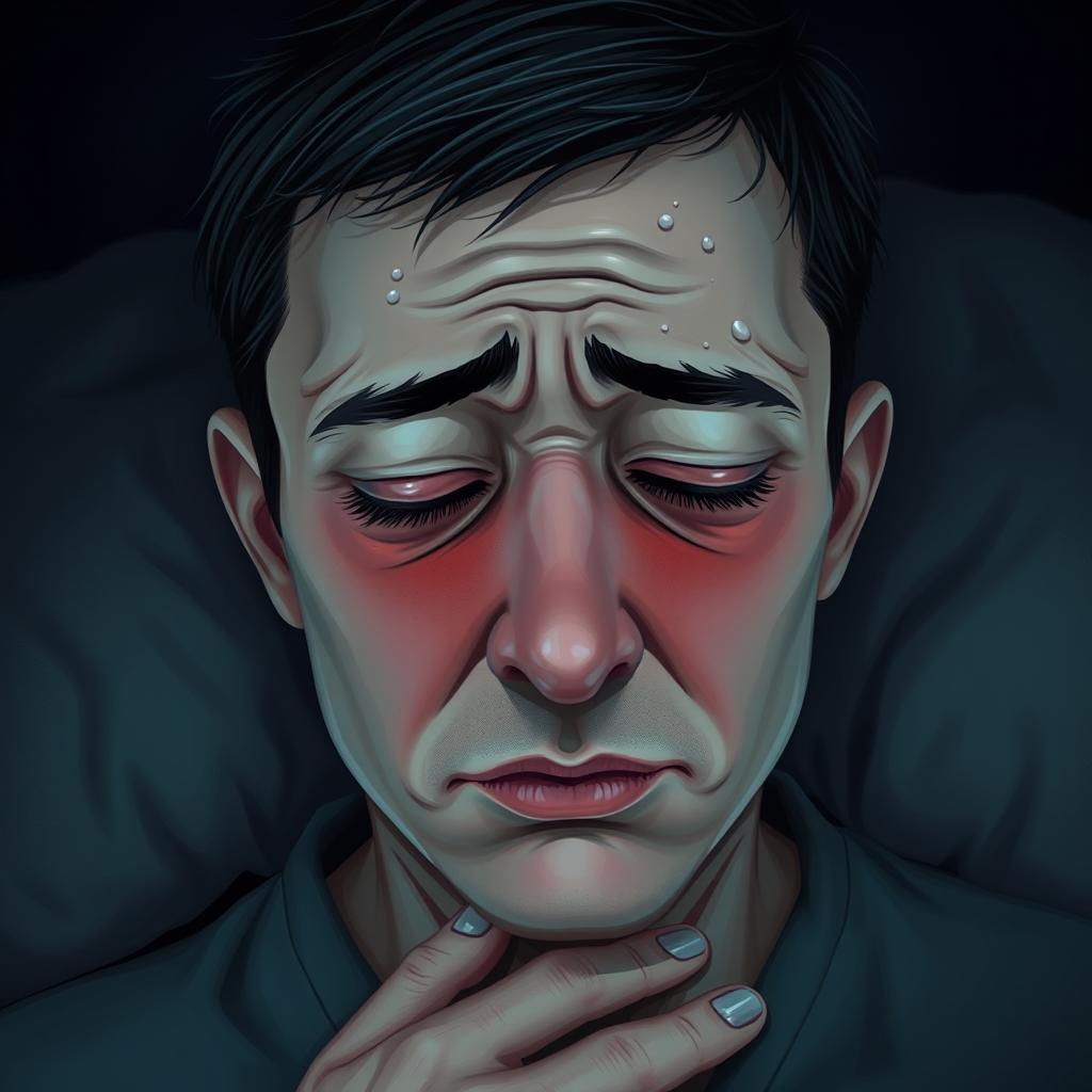 A hyper-realistic digital art piece depicting a person experiencing high fever, showcasing vivid expressions of discomfort and fatigue