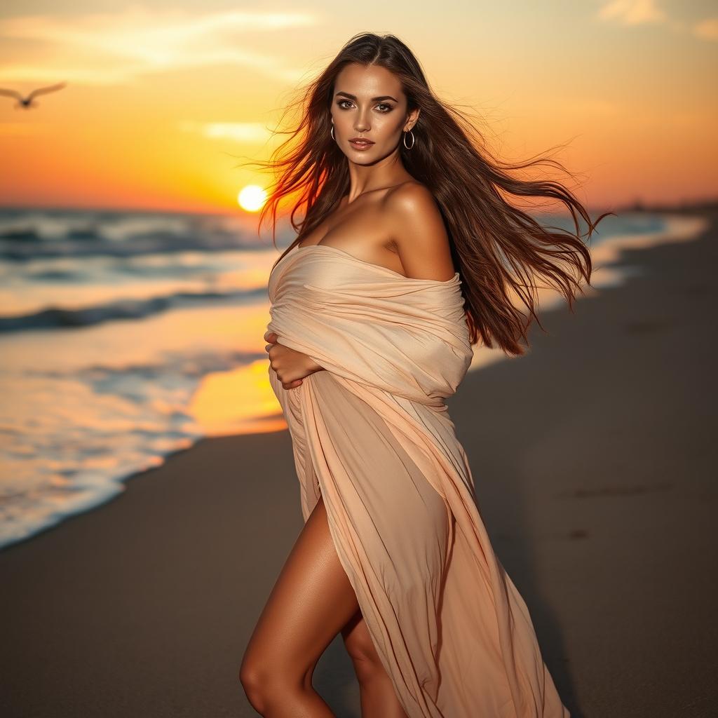 A beautiful woman with long flowing hair, standing confidently on a soft sandy beach during a stunning sunset