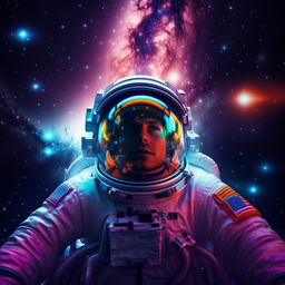 An image showcasing an astronaut floating in the depths of a neon-filled galaxy, reflecting galaxies and planets in his reflective visor.