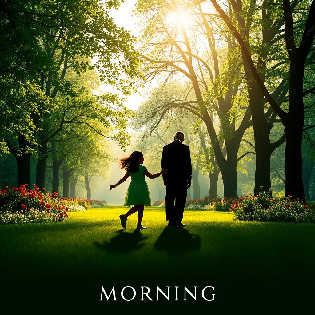 A film poster featuring a silhouette of a father and his 11-year-old daughter walking together in a park during the morning