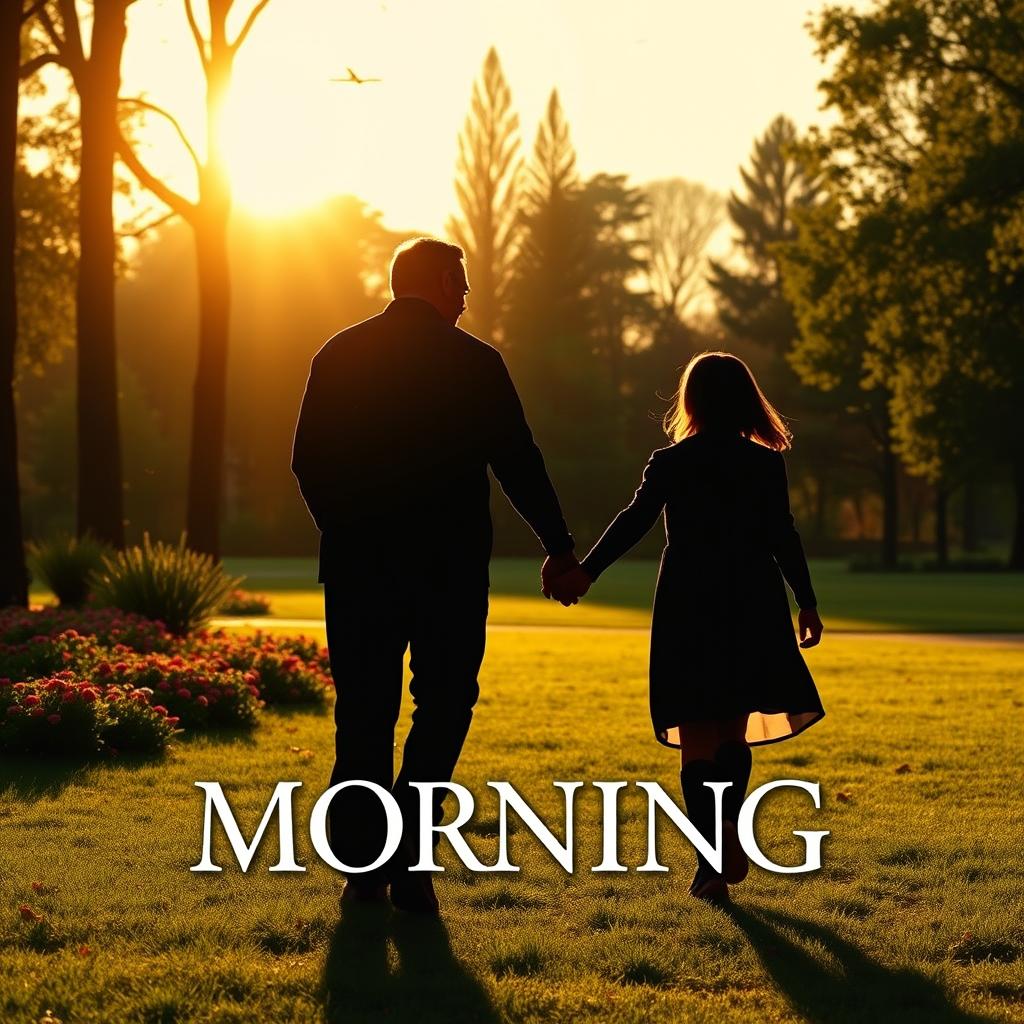 A film poster featuring the silhouette of a father and his 11-year-old daughter walking hand in hand in a peaceful park during the morning