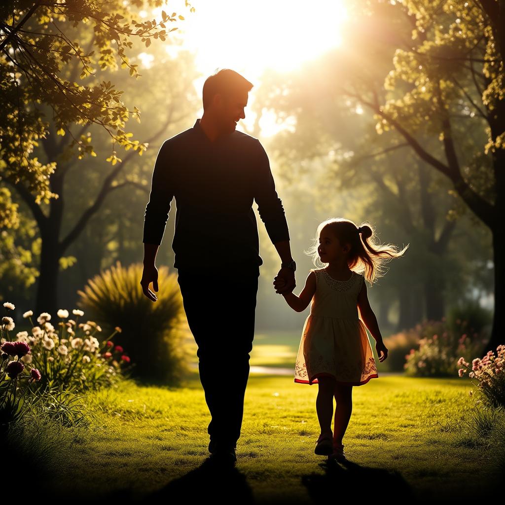 A heartwarming film poster showcasing a silhouette of a father and his 11-year-old daughter walking together in a serene park during a bright morning