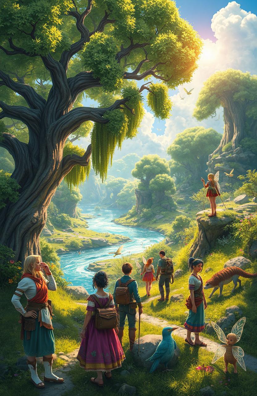 An enchanting adventure scene set in the mystical land of Gaplek, filled with vibrant, lush green foliage and towering ancient trees