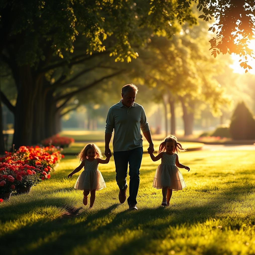 A touching film poster featuring a portrait silhouette of a father and his 11-year-old daughter walking hand in hand in a charming park during a bright morning