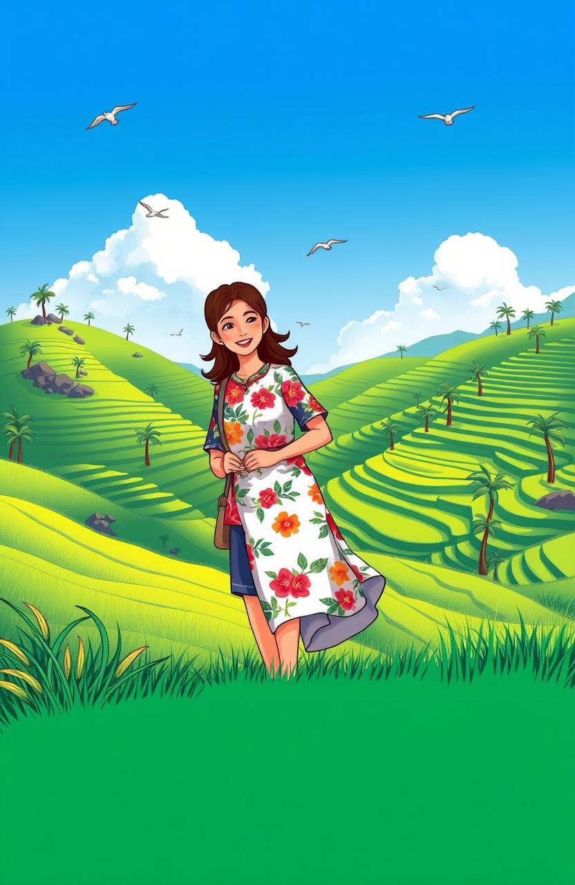 A scenic illustration of a man and a woman exploring the lush landscapes of Gaplek, Wonogiri