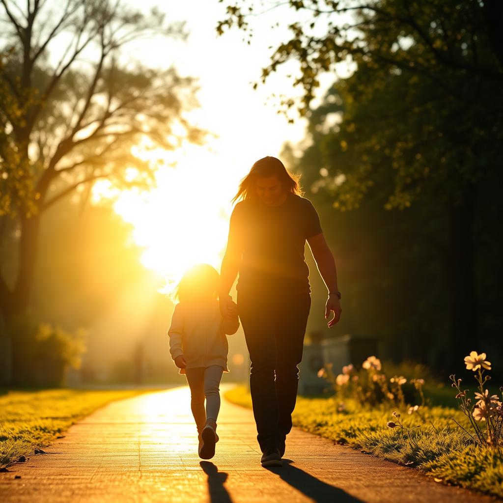 A film poster-style portrait of a silhouette depicting a father and his 11-year-old daughter walking together in a serene park during a beautiful morning