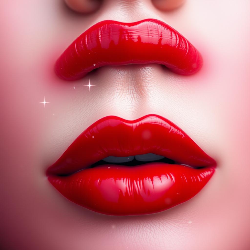 A surrealistic close-up view of vibrant, glossy lips in a rich red color, set against an abstract background with soft pastel hues