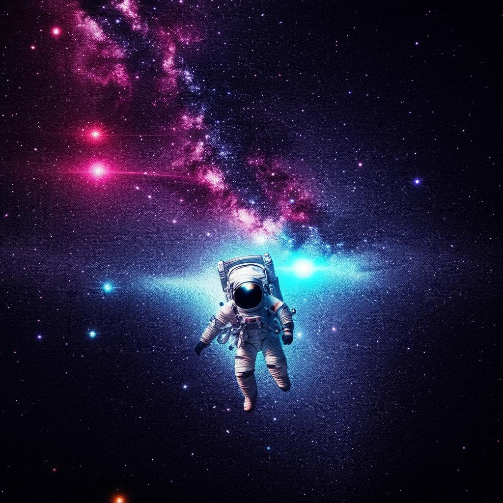 An image showcasing an astronaut floating in the depths of a neon-filled galaxy, reflecting galaxies and planets in his reflective visor.