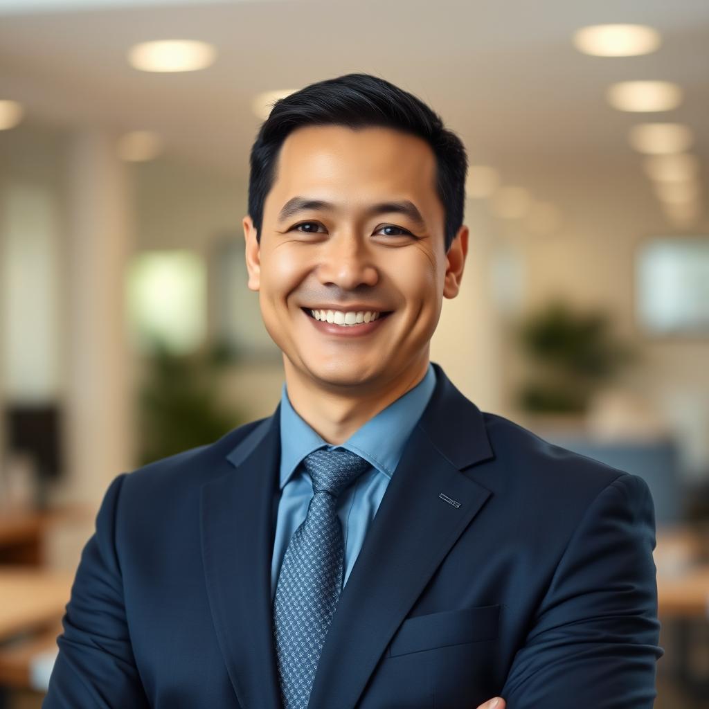 A professional portrait of a man in a business suit, looking confidently at the camera with a warm smile