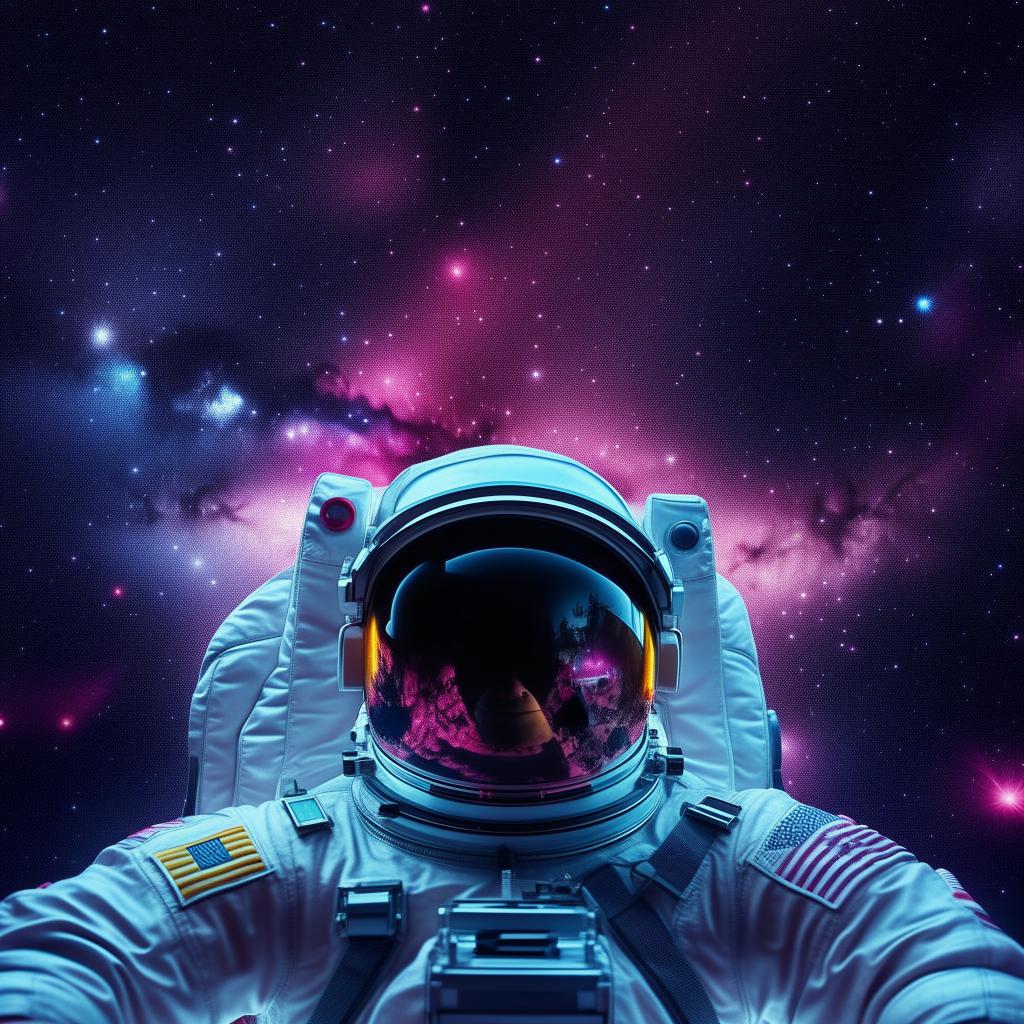 An image showcasing an astronaut floating in the depths of a neon-filled galaxy, reflecting galaxies and planets in his reflective visor.