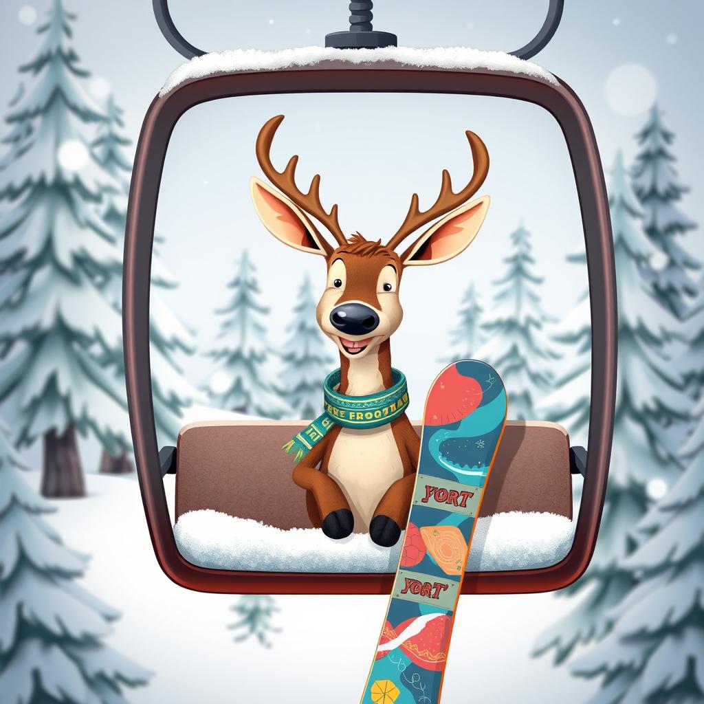 A whimsical scene featuring a deer sitting comfortably in a gondola lift, smiling with excitement
