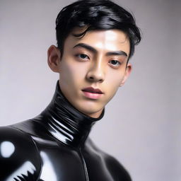 A 20-year-old Indonesian man with a firm face, large head, black hair, sharp nose, thin eyebrows, curled eyelashes, large eyes, clean-shaven, wearing a tight-fitting latex catsuit.