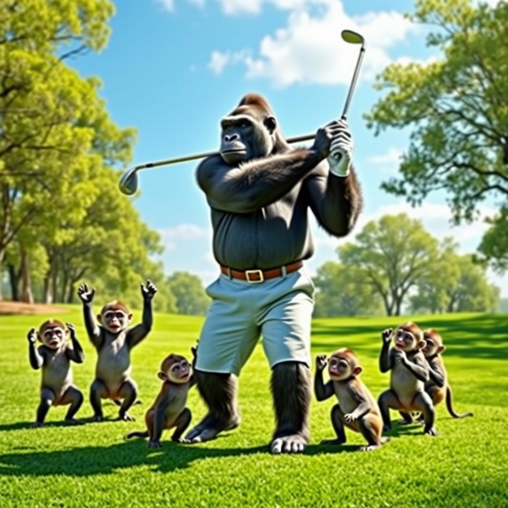 An alpha silverback gorilla dressed in a golfing outfit, swinging a golf club on an immaculate green golf course