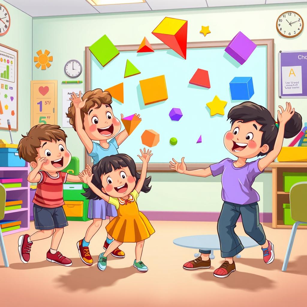 A vibrant and colorful cartoon scene depicting preschool children, around 4 or 5 years old, joyfully dancing and reacting to projected geometric shapes on a classroom board