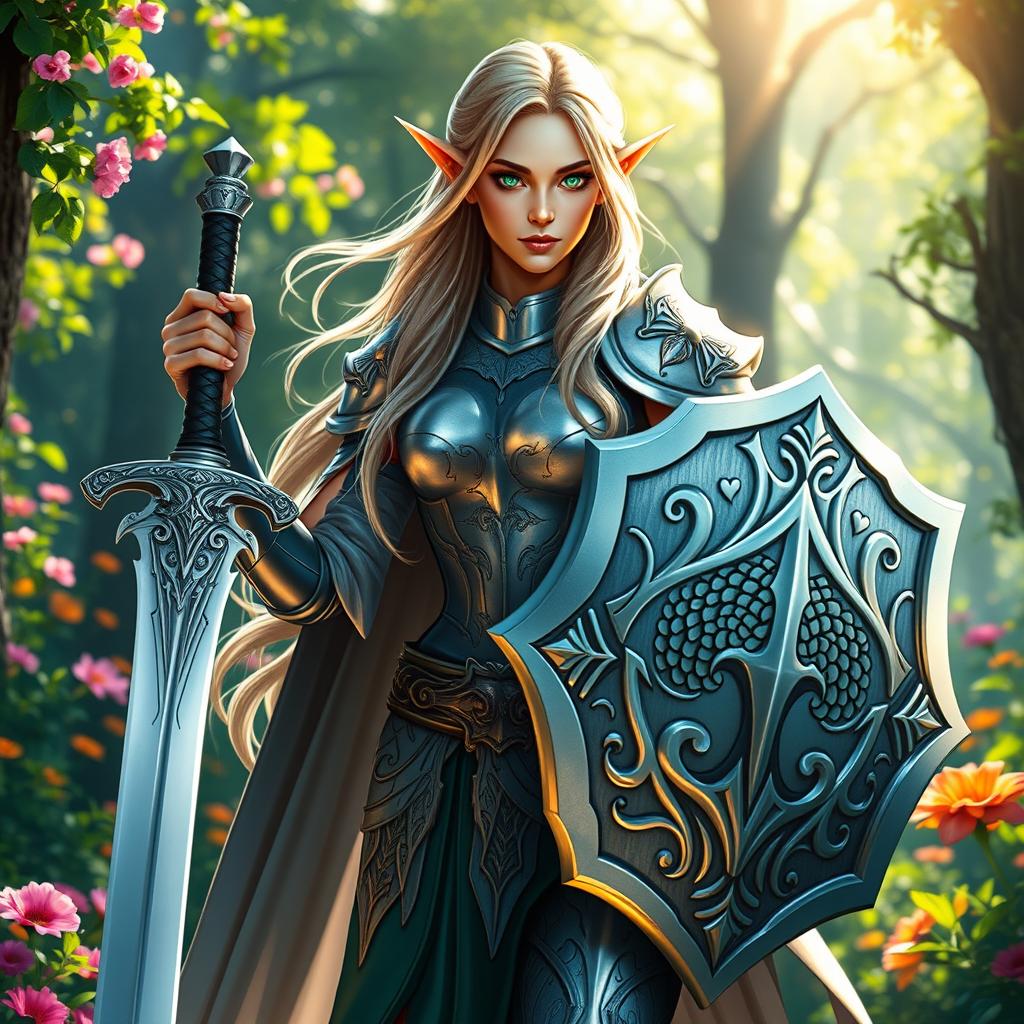 A majestic female eladrin paladin in a vibrant summer setting