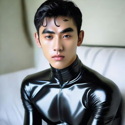 A 20-year-old Indonesian man with a firm face, large head, black hair, sharp nose, thin eyebrows, curled eyelashes, large eyes, clean-shaven, wearing a tight-fitting latex catsuit.