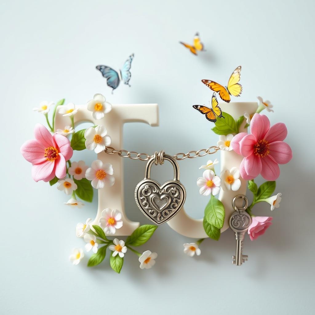 A delicate and thin chain wrapped around the letters 'TJ', adorned with beautifully detailed flowers in soft pastel colors, lush green leaves, and several colorful butterflies fluttering around