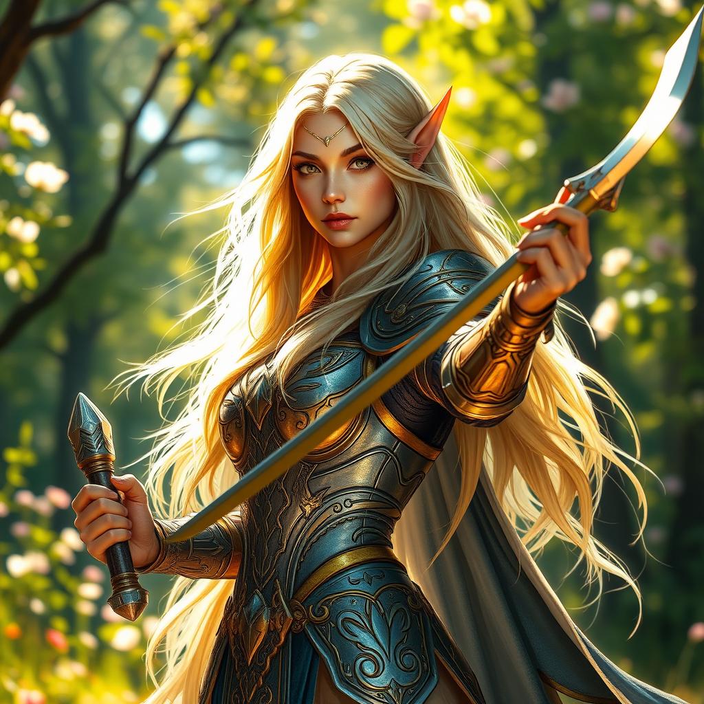 A female Eladrin paladin in a summer theme, showcasing her vibrant and ethereal beauty