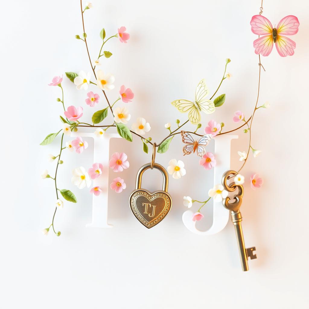 A delicate, thin chain adorned with various soft pastel flowers, green leaves, and colorful butterflies delicately intertwined around the letters 'TJ'