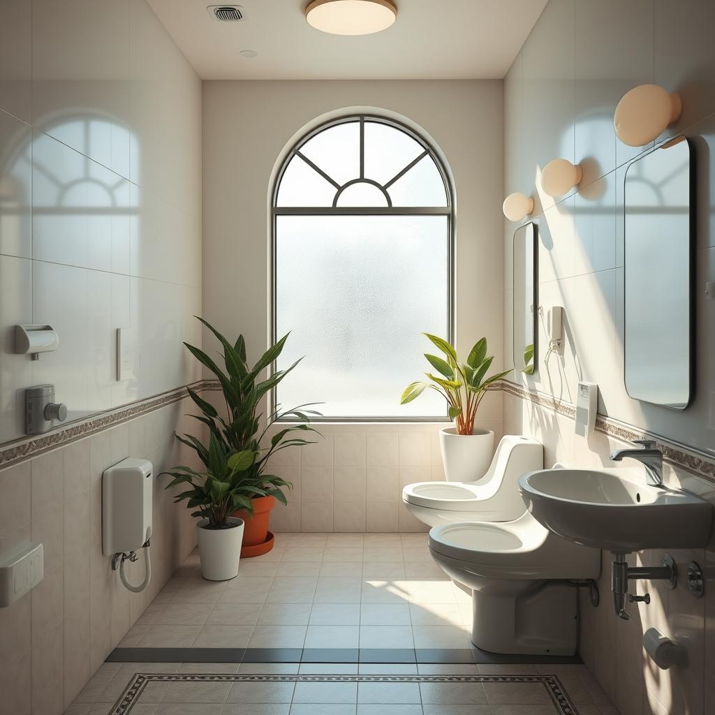 A serene public restroom scene featuring a beautifully designed interior, including clean and modern fixtures, the sunlight streaming in through frosted windows, and potted plants placed strategically for warmth