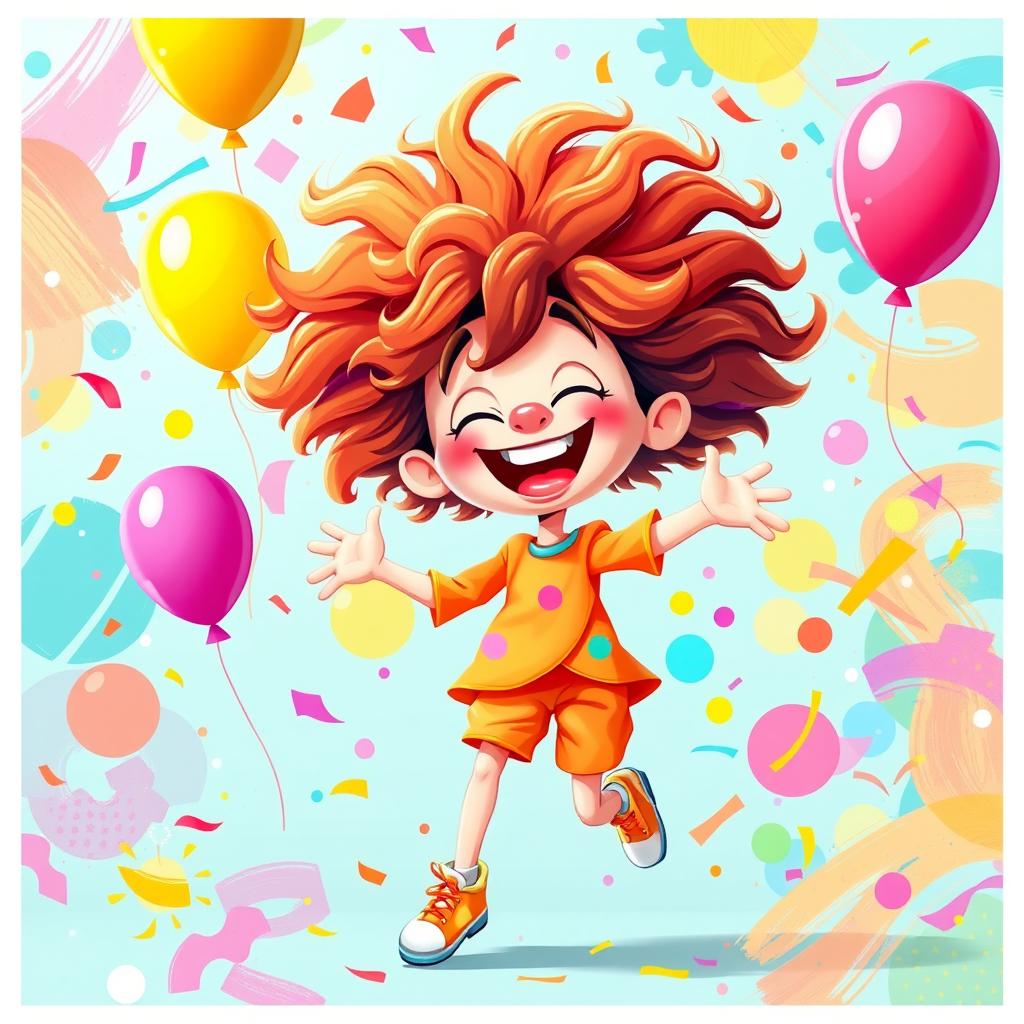 A vibrant and playful concept featuring a lively character with frizzy hair, showcasing an exuberant personality