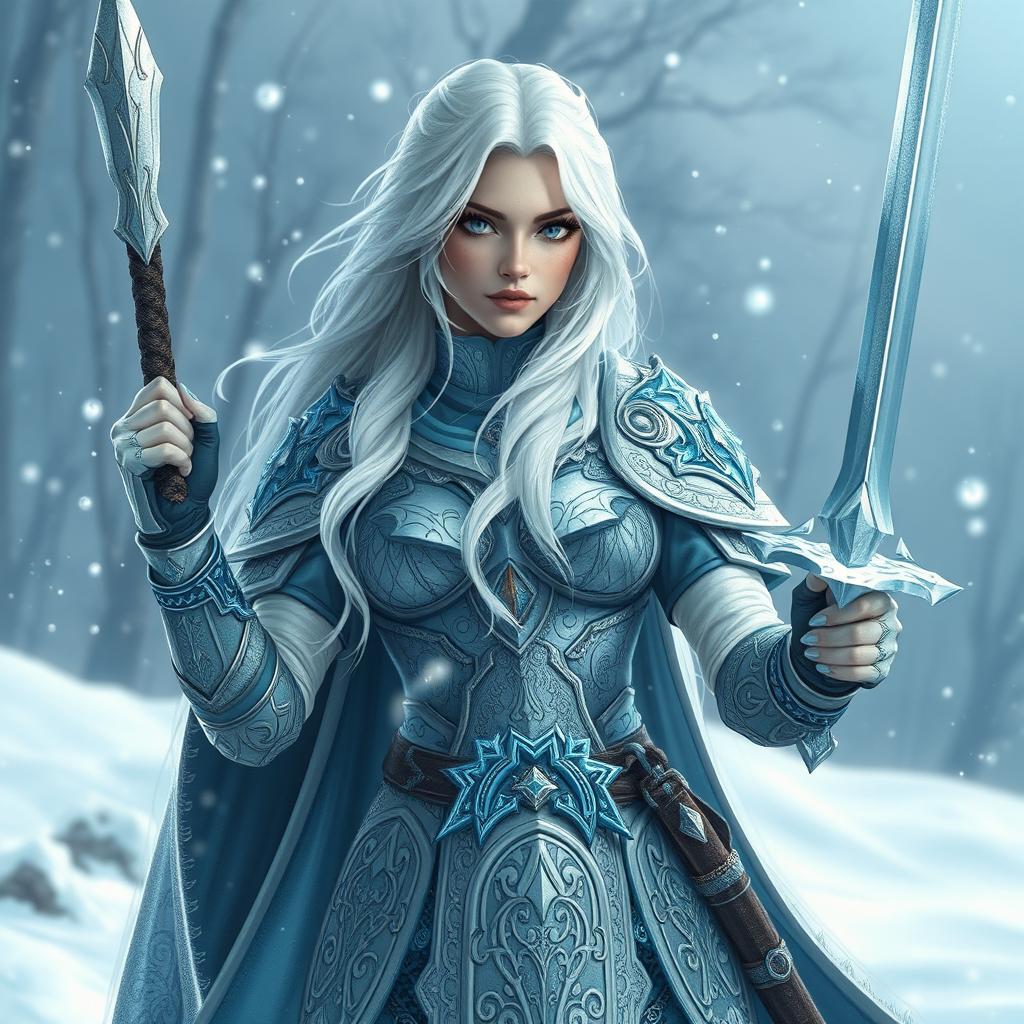 A female Eladrin paladin in a winter theme, embodying elegance and strength