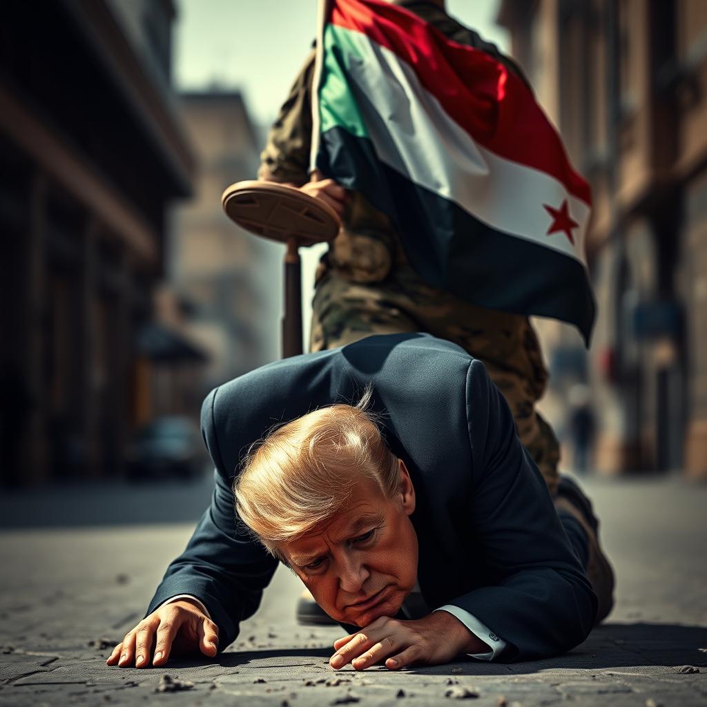 A dramatic and intense portrait depicting former US President Trump kneeling on the ground, a look of fear and terror evident on his face