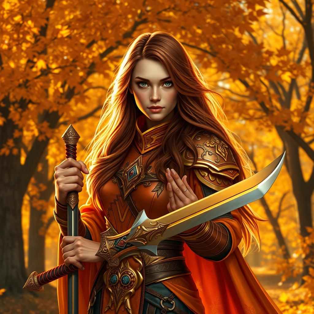A female Eladrin paladin in an autumn setting, embodying grace and nobility