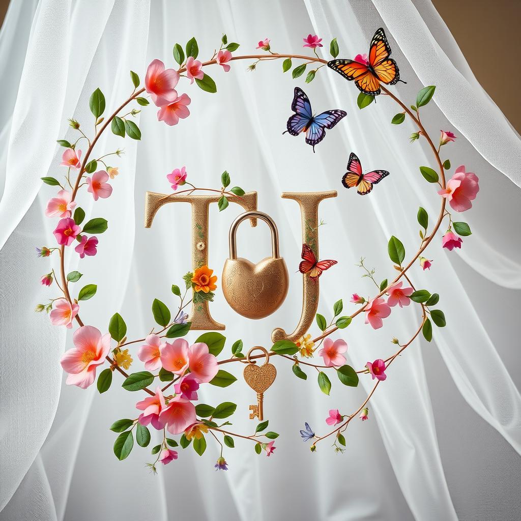 A delicate, thin chain intertwined with an array of vibrant flowers, lush green leaves, and fluttering butterflies, elegantly encircling the letters 'TJ'