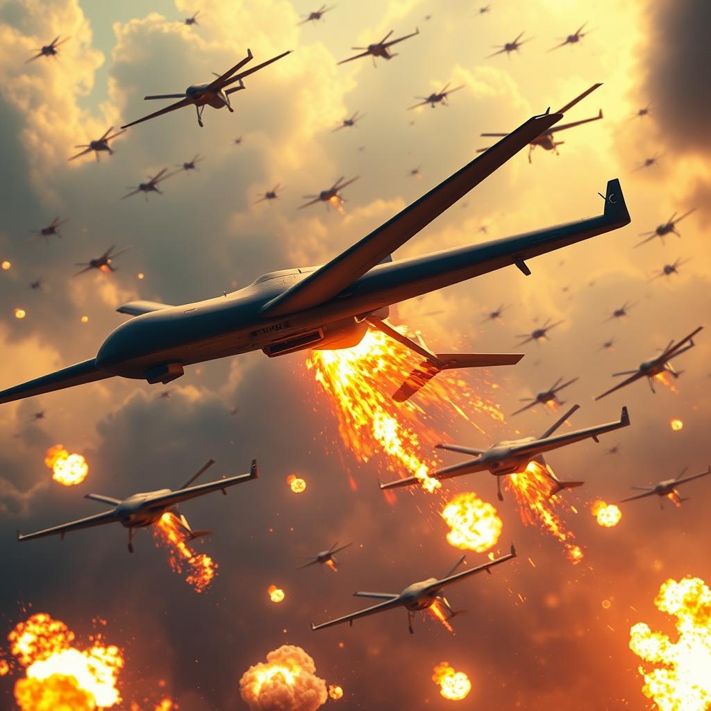 A dramatic scene depicting hundreds of American MQ9 spy drones in a fiery descent as they burn and fall from the sky due to precision missile strikes from Yemeni forces