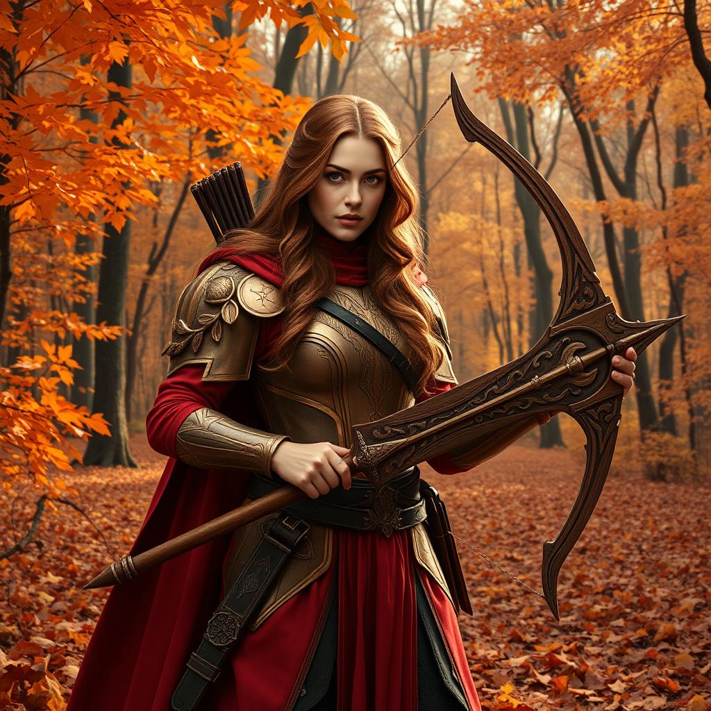 A female Eladrin paladin in an autumnal setting, radiating elegance and determination