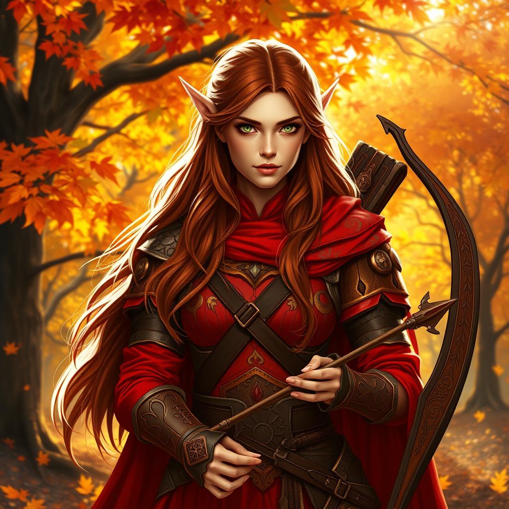 A female Eladrin paladin in a vibrant autumn setting, highlighting her elegant pointed ears that signify her elven heritage