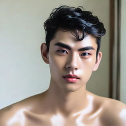 A 20-year-old Indonesian man with a firm face, large head, black hair, sharp nose, thin eyebrows, curled eyelashes, large eyes, clean-shaven, wearing a tight-fitting latex catsuit.