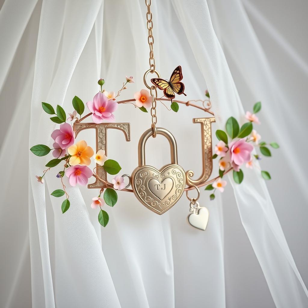 A delicate and thin chain adorned with colorful flowers, lush green leaves, and whimsical butterflies, elegantly surrounding the letters 'TJ'