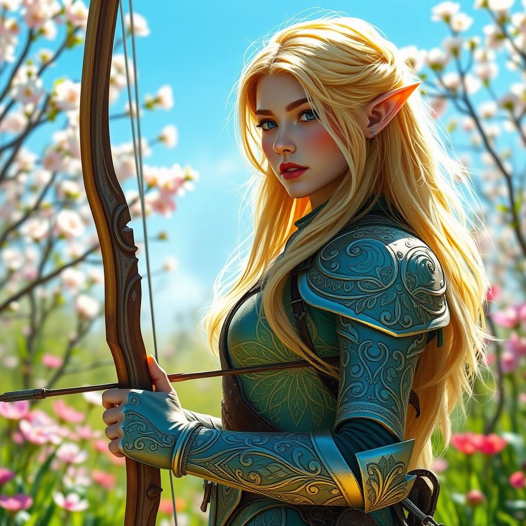 A female Eladrin paladin set in a vibrant spring landscape, showcasing her delicate pointed ears that highlight her elven heritage