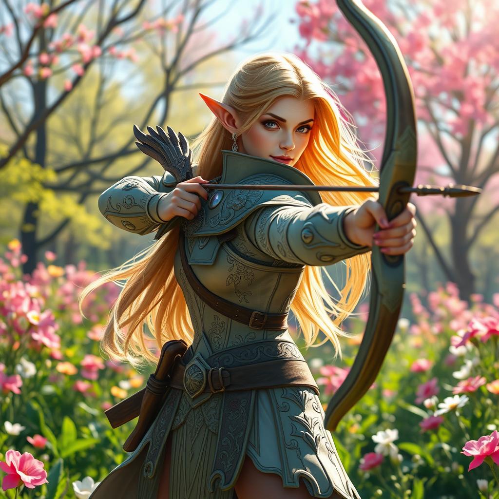 A dynamic scene featuring a female Eladrin paladin in the midst of battle during a vibrant spring day