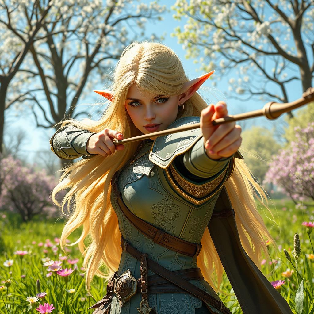 A striking scene of a female Eladrin paladin aiming her longbow in a lush spring environment, her pointed ears prominently displayed to emphasize her elven lineage