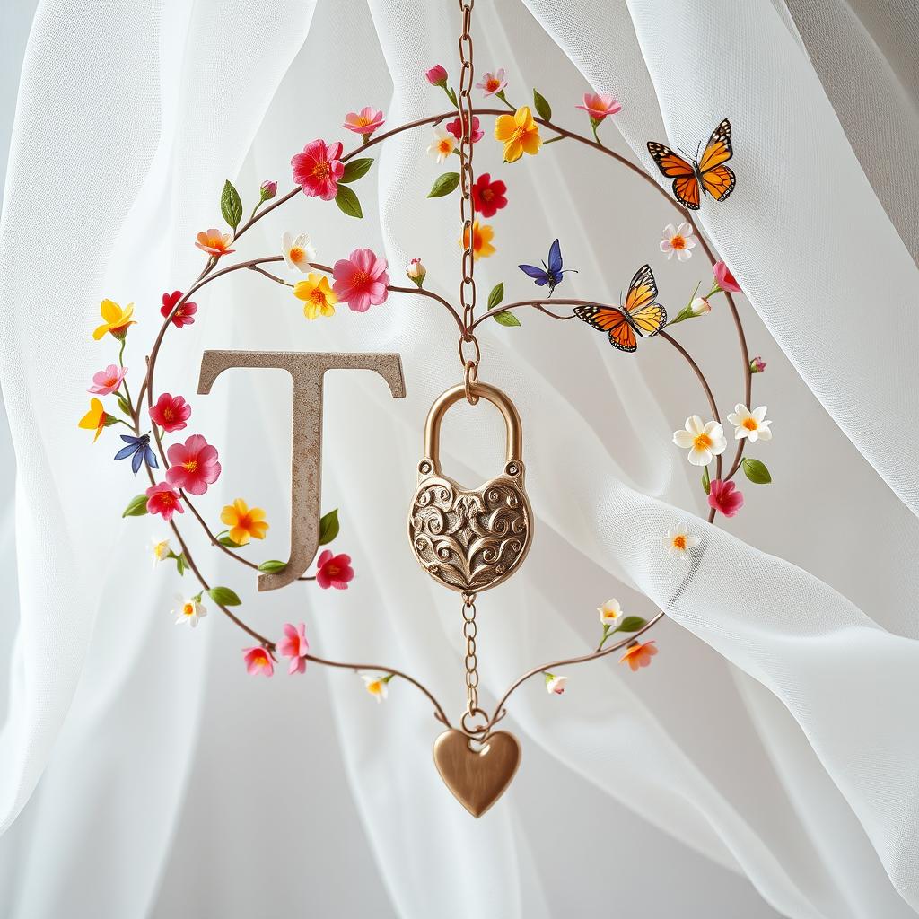 A delicate thin chain entwined with colorful flowers, leaves, and butterflies, gracefully surrounding the letters 'TJ'