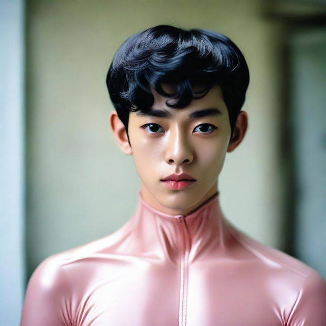 A 20-year-old Indonesian man with a firm face, large head, black hair, sharp nose, thin eyebrows, curled eyelashes, large eyes, clean-shaven, wearing a tight-fitting latex catsuit.